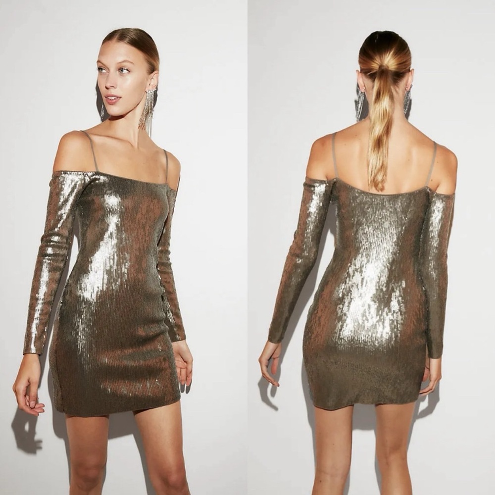 Express Sequin Volcanic Ash Off The Shoulder Mini Dress